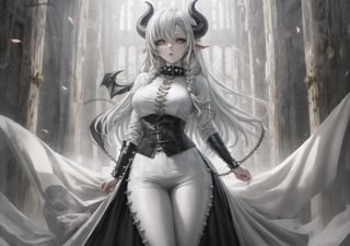 a female demon, horns, long horns, pale skin, large breasts, thighs, long hair with highlights, green highlights, white hair, braids, slave collar, chains of clothing decorations, slave handcuffs, white cloth pants, white shirt , white armor, dynamic pose, yellow eyes, calm expression, looking at viewer, spikes, brown pattern of flowers on clothes