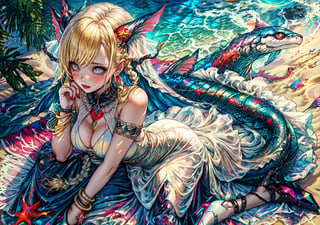 a girl, blonde hair, long hair, snake braid and reverse braids, voluptuous, big breasts, demon eyes, vermilion eyes, eyeliner, blush, crimson lips, mermaid ears, earrings, charms, rings, bracelets, cold silk dress, white dress, wedding dress, sitting, sitting on the sand, noble, night, crying, high heels,sm