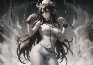 a demon woman, horns, long horns, pale skin, big breasts, thighs, long hair with highlights, dark yellow highlights, dark brown hair, braids, slave collar, chains on the collar, slave handcuffs, white cloth pants, white sleeveless shirt, white armor, dynamic pose, dark green eyes, calm expression, looking at viewer, spikes, white top hat