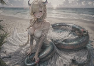 a girl, blonde hair, long hair, snake braid and reverse braids, voluptuous, big breasts, demon eyes, vermilion eyes, eyeliner, blush, crimson lips, mermaid ears, earrings, charms, rings, bracelets, cold silk dress, white dress, wedding dress, sitting, sitting on the sand, noble, night, crying, high heels