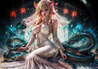 a girl, blonde hair, long hair, snake braid and reverse braids, voluptuous, big breasts, demon eyes, vermilion eyes, eyeliner, blush, crimson lips, mermaid ears, earrings, charms, rings, bracelets, cold silk dress, white dress, wedding dress, sitting, sitting on the sand, noble, night, crying, high heels