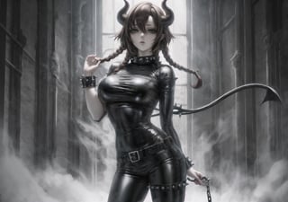 a demon woman, horns, long horns, pale skin, big breasts, thighs, long hair with highlights, highlights, black hair, long braids, slave collar, slave handcuffs, pale brown shirt, short torn leather pants, dynamic pose , green eyes, calm expression, looking at viewer, spikes, white print
