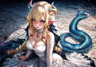 a girl, blonde hair, long hair, snake braid and reverse braids, voluptuous, big breasts, demon eyes, vermilion eyes, eyeliner, blush, crimson lips, mermaid ears, earrings, charms, rings, bracelets, cold silk dress, white dress, wedding dress, sitting, sitting on the sand, noble, night, crying, high heels