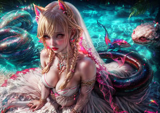 a girl, blonde hair, long hair, snake braid and reverse braids, voluptuous, big breasts, demon eyes, vermilion eyes, eyeliner, blush, crimson lips, mermaid ears, earrings, charms, rings, bracelets, cold silk dress, white dress, wedding dress, sitting, sitting on the sand, noble, night, crying, high heels