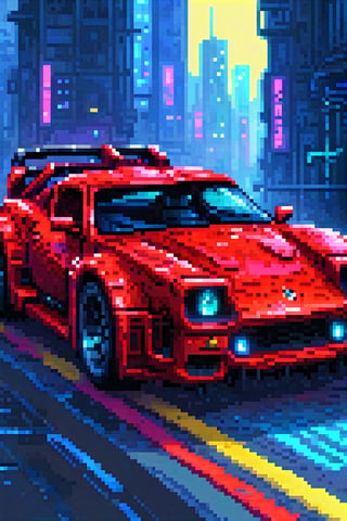 pixel art, digital oil pastel on canvas, animal, furry, upper body of a cyberpunk red sportscar, driving the vehicle