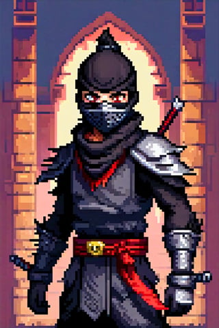 pixel art, ultra detailed, masterpiece,full body action pose portrait of Shadow, wears a black ninja outfit consisting of spiked shoulderpads, a sash on his waist, and a cowl that conceals his face but for his red eyes, He wears an armored band around his cowl with a crest above his eyes, and two spikes emerge from the sides