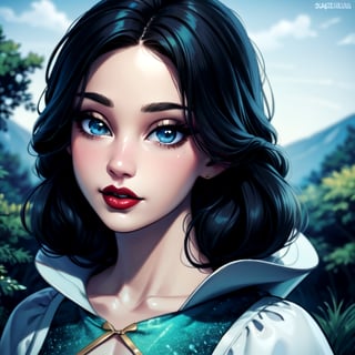 solo, Snow white, long Black hair, Red lipstick, blue eyes, sexy dress, yellow mini skirt, ultra-detailed art illustration,  sagging chest,  green Forest, detailed beautiful face,  ,perfecteyes,Detailedface
