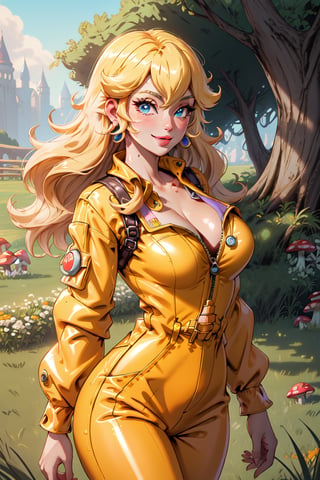 highres, masterpiece, perfect ligthing, bloom, cinematic lighting, adult, perfect skin, female, looking at viewer, portrait, cowboy shot, cleavage, smile, :), narrow waist, skinny,  , (PrincessPeach), (Princess Peach), (Jumpsuit:1.5), Racing suit, detailled eyes, blue eyes, sensual, grass, mushrooms,mushroom kingdom, Mario land, pink lips, ((glossy lips)), pursed lips, glossy skin, oily skin, beautiful light, (day:1.3), bright,,