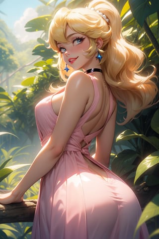 highres, masterpiece, perfect ligthing, bloom, cinematic lighting, adult, perfect skin, female, ((cowboy shot)), Butt out pose, smile, narrow waist, skinny,  , (PrincessPeach), (Princess Peach), (Pink Dress:1.2), choker, detailled eyes, blue eyes, choker, sensual, Lush jungle, pink lips, ((glossy lips)), pursed lips, pink pumps, glossy skin, oily skin, beautiful light, (day:1.3), bright,
