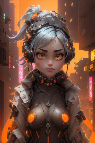 1 girl, Chinese_clothes, liquid silver and orange, cyberhan, cheongsam, cyberpunk city, dynamic pose, detailed luminous headphones, glowing hair accessories, long hair, glowing earrings, glowing necklace, cyberpunk, high-tech city, full of mechanical and futuristic elements, futuristic, technology, glowing neon, orange, orange light, transparent tulle, transparent streamers, laser, digital background urban sky, big moon, with vehicles, best quality, masterpiece, 8K, character edge light, Super high detail, high quality, the most beautiful woman in human beings, micro smile, face facing front and left and right symmetry, ear decoration, beautiful pupils, light effects, visual data, silver white hair, super detail facial texture,nijilorabunny