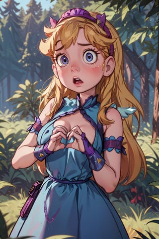 star butterfly, masterpiece, best quality, bofNina, purple wings, blue dress, bridal gauntlets, upper body, hands to own heart, surprised, large breasts, forest, photorealist:1.2