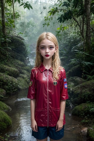 4k, masterpiece, cartoon style, 15 year old girl, long bright medium blonde hair, red lips, hands free, perfect eyes, (Scout clothes), {{wet clothes}}, rain forest, melancholic scene, {{ HDR }}, 