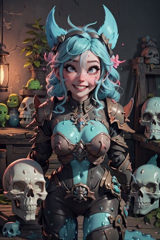highres, masterpiece, perfect lighting, bloom, cinematic lighting, adult, perfect skin, female, looking at viewer, belle delphine, ahegao, plaguemarine, armor, power armor, skull, slime, smile, slime on face,   ,Rolling eyes
