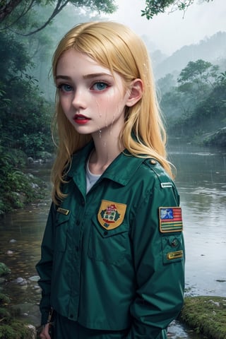 4k, masterpiece, cartoon style, 15 year old girl, long bright medium blonde hair, red lips, hands free, perfect eyes, (Scout clothes), {{wet clothes}}, rain forest, melancholic scene, {{ HDR }}, 