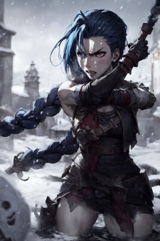 masterpiece, best quality, angry warrior woman, snow background, covered with water,JinxLol