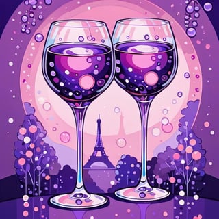 wine glass attachment with purple wine and small kiss marks inside, stylized, elegant colors, ohwx style,bubble,paris night,dreamy,luxurious,pixel art style,purple and shinning colors,simplified paris background