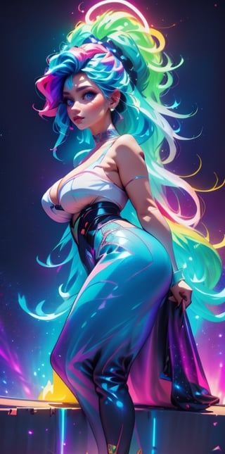 A stunning woman with vibrant neon hair, glowing in the midst of galaxy formations, painted by david diaz and sakimichan, detailed and realistic textures, vibrant colors, surreal and mysterious, hyperrealistic, modern art, digital painting, trending in Artstation, cinematic lighting, and dynamic composition.VERY LONG HAIR,High detailed,big hair,absurdly_long_hair,Sexy Big Breast,Mega Milkers,((hair_past_feet)),Neon Light,panam palmer,High detailed 