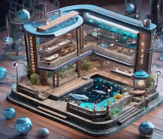 ((high quality)), ((excellent details)),urban super detailed aquarium with stars and constelation motiff, adorned with a celestial anchor, water flowing around,in an urban background,open view, colorful,3d style,3d,lofi