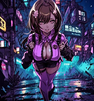 A voluptuous business woman woman, light brown eyes, looking towards the viewer, very messy hair,shinny black hair, very long hair, very loose hair, thighs, only 2 hands with 5 fingers on each hand, only 2 legs with 5 fingers on each leg, , alone, outdoors, night, night city, neon lights only all over the body, big hips and breasts,  (extremely detailed CG unity 8k wallpaper), (masterpiece), (best quality), (ultra-detailed), (best illustration),(best shadow), (an extremely delicate and beautiful), fine detail, (bloom), (shine),  Beautiful, detailed eyes, (waifu, anime, exceptional, best aesthetic, new, newest, best quality, masterpiece, extremely detailed),detailed face,((Neon Light)),fantasy_night