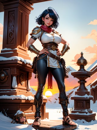 A woman, wearing a warrior's costume made of dark brown leather, white T-shirt, long black leather pants, leather sandals, ((gigantic breasts)), blue hair, very short hair, mohawk hair, hair with bangs in front of the eyes, looking at the viewer, (([pose with interaction and leaning on something|pose with interaction and leaning on a large object])), in a Spartan temple with altars, structures, statues, background of snowy mountains with a beautiful sunset, ((full body):1.5), 16k, UHD, best possible quality, ultra detailed, best possible resolution, Unreal Engine 5, professional photography, well-detailed fingers, well-detailed hand, perfect_hands, perfect, ((god of war))