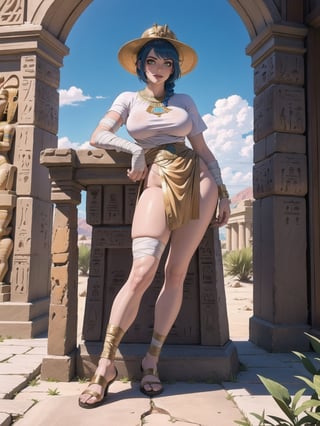 A woman_solo, Egyptian costume with white t-shirt with gold armor, very short black skirt, brown leather sandals, ((body bandaged with bandages)), very tight suit and clinging to the body. Gigantic breasts, wearing a helmet on her head, very short hair, blue hair, hair with 1braid, hair with bangs in front of the eyes. Looking directly at the viewer, in a desert oasis, at night, with large stones, large pillars, figurines of ancient gods, (((sensual pose with interaction and leaning on anything + object+on something + leaning against))) + present in a desert oasis, 16K, UHD, Unreal Engine 5, (full body:1.5), quality max, max resolution, ultra-realistic, maximum sharpness, More detail,  perfect_legs, perfect_thighs, perfect_feet, perfect_hands, better_hands. (Ancient Egypt style),