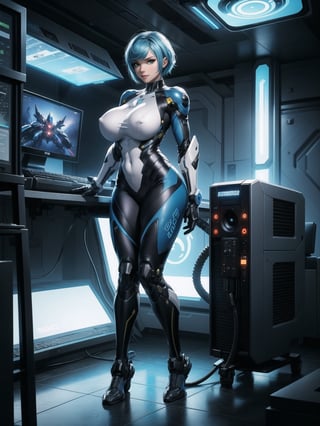 A woman, wearing mecha suit+robotic suit+cybernetizo suit, white+parts in blue+yellow lights, very tight costume on the body, ((gigantic breasts)), blue hair, very short hair, hair with bangs in front of the eyes, is looking at the viewer, (((sensual pose with interaction and leaning on anything+object+leaning))) in an alien dungeon, with futuristic machines, computers on the walls, control panels, slimes, aliens with cybernetic armor, ((full body):1.5), 16k, UHD, maximum quality, maximum resolution, ultra-realistic, ultra-detailed, ((perfect_hands):1) , Furtastic_Detailer, Goodhands-beta2, 