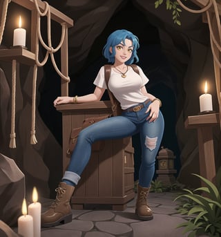 An underground-adventure masterpiece with realistic details, rendered in ultra-high resolution. | A young 22-year-old woman with blue hair and yellow eyes is dressed in an adventurer's outfit. The white t-shirt, jeans and brown leather boots highlight her athletic and agile figure. She also wears a brown backpack, a rope and accessories such as a golden heart pendant and a brown leather bracelet, which demonstrate her determination and adventurous spirit. The young woman smiles at the viewer, showing her white teeth and wearing black lipstick, creating a charming contrast with her strong and pioneering appearance. | The scene takes place in a temple inside a cave, lit by candles spread throughout the room. The concrete, rock, wooden and metal structures create an ancient and mysterious atmosphere. The young woman stands out in the midst of this underground scene, adding a layer of beauty and emotion to the image. | Soft, warm lighting effects create an adventurous mood, while detailed textures on clothing, accessories and set elements add realism to the masterpiece. | An exciting and compelling scene of a young adventurer in a temple inside a cave, exploring themes of adventure, mystery, history and courage. | (((((The image reveals a full-body shot as she assumes a sensual pose, engagingly leaning against a structure within the scene in an exciting manner. She takes on a sensual pose as she interacts, boldly leaning on a structure, leaning back in an exciting way.))))). | ((full-body shot)), ((perfect pose)), ((perfect fingers, better hands, perfect hands)), ((perfect legs, perfect feet)), ((huge breasts)), ((perfect design)), ((perfect composition)), ((very detailed scene, very detailed background, perfect layout, correct imperfections)), More Detail, Enhance