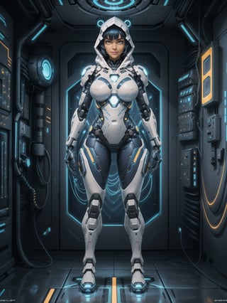 A woman, wearing mecha suit+robotic suit+cyber suit, white+parts in blue+yellow lights, costume very tight on the body, ((gigantic breasts, wearing hood), blue hair, very short hair, hair with bangs in front of the eyes, is looking at the viewer, (((sensual pose with interaction and leaning on anything+object+leaning against))) in an alien dungeon, with futuristic machines, computers on the walls, control panels, teleportation with interdimensional portal, slimes, aliens with cybernetic armor, ((full body):1.5), 16K, UHD, maximum quality, maximum resolution, ultra-realistic, ultra-detailed, Furtastic_Detailer, Goodhands-beta2, ((perfect_hands):1)