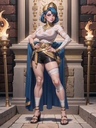 Solo+A woman, Egyptian costume with white t-shirt + golden armor, shorts + very short black skirt, brown leather sandals, ((body bandaged with bandages)), very tight costume and stuck to the body. Gigantic breasts, wearing a helmet on her head, very short hair, blue hair, hair with 1+ braids, hair with bangs in front of her eyes. Looking directly at the viewer, at a very ancient Egyptian pyramid, with large stone altars, figurines. Sarcophagi of ancient kings, torches attached to the walls illuminating the place, ancient mirrors, ((sensual pose with interaction and leaning on anything + object+on something + leaning against)) + present in a Egyptian pyramid, Ancient Egypt, 16K, UHD, Unreal Engine 5, (full body:1.5), quality max, max resolution, ultra-realistic, maximum sharpness, More detail, perfect_legs, perfect_thighs, perfect_feet, perfect_hands, better_hands