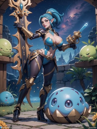 Solo woman, ((mecha costume all white, parts in blue, lights in yellow, costume very tight on the body, gigantic breasts)), mohawk hair, blue hair, messy hair, hair with ponytail, looking directly at the viewer, she is, in a very old dungeon at the top of the mountains at night, with many altars, slimes, large weapons, metal Golems, heavy weapons, large stones, scaly monsters, ((super metroid, ultra technological, warcraft, zelda breath of the wild)), 16K, UHD, best possible quality, ultra detailed, best possible resolution, Unreal Engine 5, super metroid, professional photography, she is, (((Sensual pose with interaction and leaning on anything+object+on something+leaning against))), better_hands, More detail, ((full body))