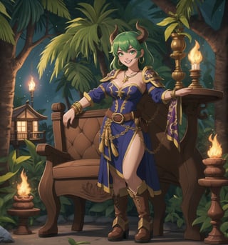 Image in 8K resolution with Fantasy, Concept Art, Illustration, and Magic Realism styles. | Jane, a 34-year-old demon woman, is positioned in a tropical tropical tropical forest at night. She wears a feminine demonic warrior outfit, consisting of black and purple armor with gold details, tall boots, and gloves. Her green hair is in a short cut with a large bang, while her green eyes look happily, revealing a smile that shows her sharp teeth. She also has accessories such as a belt with bags, a necklace with a star-shaped pendant, bracelets with spikes, and earrings in the shape of horns. | The composition of the image highlights Jane's imposing figure and the architectural elements of the forest, such as wooden structures, rock formations, metal structures, trees with houses at the top, suspended bridges, stone sculptures in the shape of animals, and lit torches. The luminescent plants create dramatic shadows and emphasize the details of the scene. | The soft and mysterious lighting effects create an enchanting and supernatural atmosphere, while rough and detailed textures on the armor, accessories, and architectural elements add realism to the image. | A cheerful and mysterious scene of Jane, a demon woman in a tropical tropical tropical forest, blending elements of fantasy, concept art, and magic realism. | (((((The image reveals a full-body_shot as she assumes a relaxed_pose, engagingly leaning against a structure within the scene in an relaxed manner. She takes on a relaxed_pose as she interacts, boldly leaning on a structure, leaning back in an relaxed way))))) | ((perfect anatomy, perfect body, perfect_pose):1.5), ((full-body_shot)), ((perfect fingers, better hands, perfect hands, perfect legs, perfect feet)), (((mature woman))), ((perfect design)), ((correct errors):1.2), ((perfect composition)), ((very detailed scene, very detailed background, correct imperfections, perfect layout):1.2), ((More Detail, Enhance))