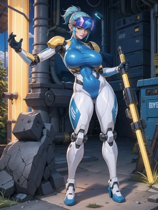 Solo woman, ((wearing mecha suit+all-white robotic suit, with parts in blue, plus yellow lights, suit with attached armaments, gigantic breasts, wearing cybernetic helmet with visor)), mohawk hair, blue hair, messy hair, ponytail hair, looking directly at the viewer, she is, on a mountain, with many monsters, robots, large ancient machines, many stones, 1water, large pillars, stone altars, zelda, super metroid, ultra technological, 16K, UHD, best possible quality, ultra detailed, best possible resolution, Unreal Engine 5, professional photography, she is, (((iInteracting and leaning on anything+object+on something+leaning against+sensual pose)))+better_hands, ((full body)), More detail