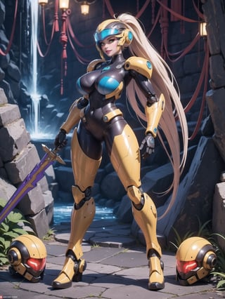 Solo female, ((wearing mecha suit+robotic suit completely white, with blue parts, more yellow lights, suit with attached weapons, gigantic breasts, wearing cybernetic helmet with visor)), mohawk hair, blue hair, messy hair, hair with ponytail, looking directly at the viewer, she is, in a dungeon, with a waterfall, large stone altars, stone structures, machines, robots, large altars of ancient gods, figurines, Super Metroid, ultra technological, Zelda, Final Fantasy, worldofwarcraft, (full body:1.5), 16K, UHD, Unreal Engine 5, quality max, max resolution, ultra-realistic, maximum sharpness, (((sensual pose with interaction and leaning on anything + object + on something + leaning against))) + ((perfect_thighs, perfect_legs, perfect_feet)), better_hands, More detail, 