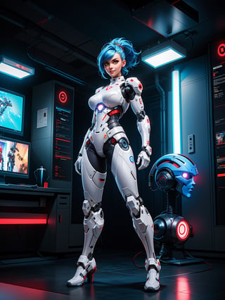 A woman, cybernetic + mecha suit, white suit with red attachments, suit with lights, very tight suit, ((robotic body parts)), gigantic breasts, blue hair, short hair with a mohawk and ponytail, ((cybernetic helmet on her head)), looking at the viewer, ((posing with interaction and leaning on [something|an object])), in a subway with computers, radiation machines, structures, robots, ((full body):1.5), 16k, UHD, best possible quality, ultra detailed, best possible resolution, Unreal Engine 5, professional photography, hand and fingers well done, well-structured fingers and hands, well-detailed fingers, well-detailed hand, perfect_hands, perfect, ((cyberpunk))