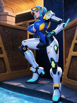 Solo woman, ((wearing mecha suit+all-white robotic suit, with parts in blue, plus yellow lights, suit with attached armaments, gigantic breasts, wearing cybernetic helmet with visor)), mohawk hair, blue hair, messy hair, ponytail hair, looking directly at the viewer, she is, on a mountain, with many monsters, robots, large ancient machines, many stones, 1water, large pillars, stone altars, zelda, super metroid, ultra technological, 16K, UHD, best possible quality, ultra detailed, best possible resolution, Unreal Engine 5, professional photography, she is, (((iInteracting and leaning on anything+object+on something+leaning against+sensual pose))),better_hands, ((full body)), More detail