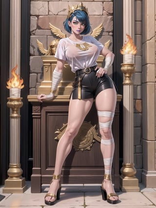 Solo+A woman, Egyptian costume with white t-shirt + golden armor, shorts + very short black skirt, brown leather sandals, ((body bandaged with bandages)), very tight costume and stuck to the body. Gigantic breasts, wearing a helmet on her head, very short hair, blue hair, hair with 1+ braids, hair with bangs in front of her eyes. Looking directly at the viewer, in a Egyptian pyramid, with large stone altars, figurines. Sarcophagi of ancient kings, torches attached to the walls illuminating the place, ancient mirrors, ((sensual pose with interaction and leaning on anything + object+on something + leaning against)) + present in a Egyptian pyramid, Ancient Egypt, 16K, UHD, Unreal Engine 5, (full body:1.5), quality max, max resolution, ultra-realistic, maximum sharpness, More detail, perfect_legs, perfect_thighs, perfect_feet, perfect_hands, better_hands