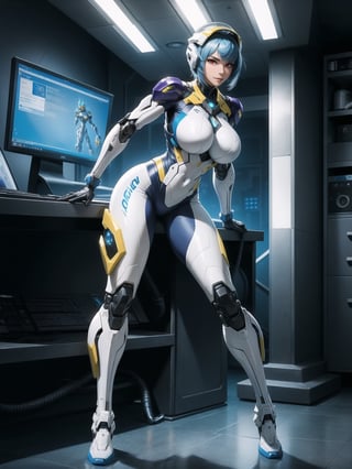 A woman, wearing mecha suit+robotic suit+cybernetizo suit, white+blue parts+yellow lights, very tight costume on the body, ((gigantic breasts, helmet on the head)), blue hair, very short hair, hair with bangs in front of the eyes, is looking at the viewer, (((((sensual pose with interaction and leaning on anything+object+leaning against))))) in an alien dungeon, with futuristic machines, computers on the walls, control panels, slimes, aliens with cybernetic armor, ((full body):1.5), 16k, UHD, maximum quality, maximum resolution, ultra-realistic, ultra-detailed, ((perfect_hands):1) , Furtastic_Detailer, Goodhands-beta2