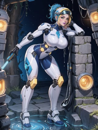 Solo woman, ((wearing mecha suit+all-white robotic suit, with parts in blue, plus yellow lights, suit with attached armaments, gigantic breasts, wearing cybernetic helmet with visor)), mohawk hair, blue hair, messy hair, ponytail hair, looking directly at the viewer, she is, on a mountain, with many monsters, robots, large ancient machines, many stones, 1water, large pillars, stone altars, zelda tears of the kingdom, super metroid, ultra technological, 16K, UHD, best possible quality, ultra detailed, best possible resolution, Unreal Engine 5, professional photography, she is, (((iInteracting and leaning on anything+object+on something+leaning against+sensual pose))), better_hands, ((full body)), More detail