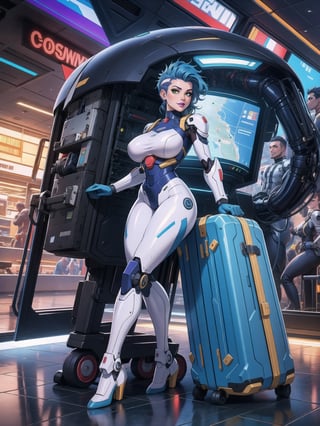 Solo woman, wearing mecha suit+cybernetic armor+gundam suit, all white with parts in blue, gigantic breasts, mohawk hair, blue hair, messy hair, looking directly at the viewer, she is, in an alien airport, with many machines, many aliens, many people transiting, glass table, chair, luggage carts, ((futuristic, ultra-technological)), 16K, UHD, best possible quality, ultra detailed, best possible resolution, Unreal Engine 5professional photography, she is, (((Sensual pose with interaction and leaning on anything+object+on something+leaning against))), better_hands, More detail, ((full body)),