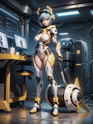 1woman+solo, wearing mecha costume+robotic costume+cyber costume, white+parts in blue+yellow lights, costume very tight on the body, ((gigantic breasts, hood on the head)), blue hair, very short hair, hair with bangs in front of the eyes, is looking at the viewer, (((sensual pose with interaction and leaning on anything+object+leaning against))) in an alien dungeon, with futuristic machines, computers on the walls, control panels, teleportation with portal interdimensional, slimes, aliens with cybernetic armor, ((full body):1.5), 16K, UHD, maximum quality, maximum resolution, ultra-realistic, ultra-detailed, perfect_hands, Furtastic_Detailer,Goodhands-beta2
