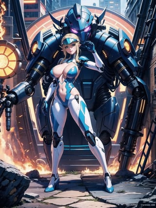 Solo woman, ((wearing mecha suit+all-white robotic suit, with parts in blue, plus yellow lights, suit with attached armaments, gigantic breasts, wearing cybernetic helmet with visor)), mohawk hair, blue hair, messy hair, ponytail hair, looking directly at the viewer, she is, on a mountain, with many monsters, robots, large ancient machines, many stones, 1water, large pillars, stone altars, zelda tears of the kingdom, super metroid, ultra technological, 16K, UHD, best possible quality, ultra detailed, best possible resolution, Unreal Engine 5, professional photography, she is, (((iInteracting and leaning on anything+object+on something+leaning against+sensual pose))), better_hands, ((full body)), More detail