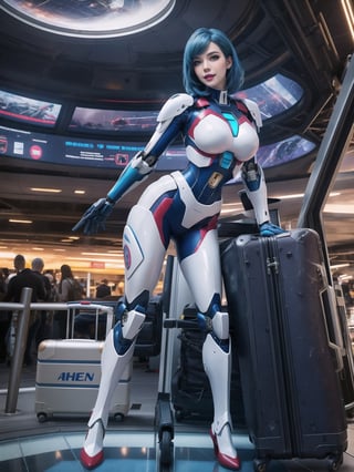 Solo woman, wearing mecha suit+cybernetic armor+gundam suit, all white with parts in blue, gigantic breasts, mohawk hair, blue hair, messy hair, looking directly at the viewer, she is, in an alien airport, with many machines, many aliens, many people transiting, glass table, chair, luggage carts, ((futuristic, ultra-technological)), 16K, UHD, best possible quality, ultra detailed, best possible resolution, Unreal Engine 5, professional photography, she is, (((Sensual pose with interaction and leaning on anything+object+on something+leaning against))), better_hands, More detail, ((full body)),
