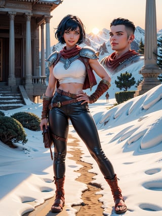 A woman, wearing a warrior's costume made of dark brown leather, white T-shirt, long black leather pants, leather sandals, ((gigantic breasts)), blue hair, very short hair, mohawk hair, hair with bangs in front of the eyes, looking at the viewer, (([pose with interaction and leaning on something|pose with interaction and leaning on a large object])), in a spartan temple with structures, statues, large altars, background of snowy mountains with a beautiful sunset, ((full body):1.5), 16k, UHD, best possible quality, ultra detailed, best possible resolution, Unreal Engine 5, professional photography, well-detailed fingers, well-detailed hand, perfect_hands, perfect, ((god of war))