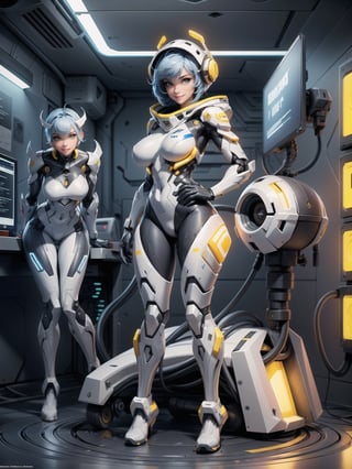 A woman, wearing mecha suit+robotic suit+cyber suit, white+parts in blue+yellow lights, costume very tight on the body, ((gigantic breasts, hood on the head)), blue hair, very short hair, hair with bangs in front of the eyes, is looking at the viewer, (((sensual pose with interaction and leaning on anything+object+leaning against))), in an alien dungeon, with futuristic machines, computers on the walls, control panels, teleportation with portal interdimensional, slimes, aliens with cybernetic armor, ((full body):1.5), 16K, UHD, maximum quality, maximum resolution, ultra-realistic, ultra-detailed, ((perfect_hands):1), Furtastic_Detailer,Goodhands-beta2
