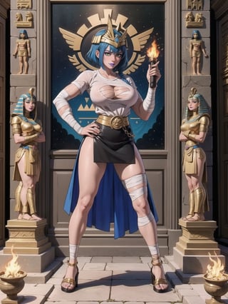 A woman, Egyptian costume with white t-shirt + golden armor, shorts + very short black skirt, brown leather sandals, ((body bandaged with bandages)), very tight costume and stuck to the body. Gigantic breasts, wearing a helmet on her head, very short hair, blue hair, hair with 1+ braids, hair with bangs in front of her eyes. Looking directly at the viewer, at a very ancient Egyptian pyramid, with large stone altars, figurines. Sarcophagi of ancient kings, torches attached to the walls illuminating the place, ancient mirrors, ((sensual pose with interaction and leaning on anything + object+on something + leaning against)) + present in a Egyptian pyramid, Ancient Egypt, 16K, UHD, Unreal Engine 5, (full body:1.5), quality max, max resolution, ultra-realistic, maximum sharpness, More detail, perfect_legs, perfect_thighs, perfect_feet, perfect_hands, better_hands