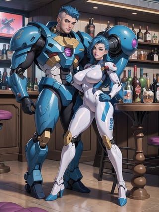 Solo woman, wearing mecha suit+cybernetic armor+gundam suit, all white with parts in blue, gigantic breasts, mohawk hair, blue hair, messy hair, looking directly at the viewer, she is, in an alien airport, with many machines, many aliens, drink bar, many people transiting, glass table, chair, luggage carts, 16K, UHD, best possible quality, ultra detailed, best possible resolution, Unreal Engine 5professional photography, she is, (((Sensual pose with interaction and leaning on anything+object+on something+leaning against))), better_hands, More detail, ((super metroid, mecha)) (((full body))),