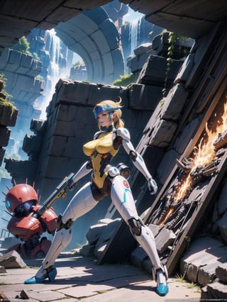 Solo female, ((wearing mecha suit+robotic suit completely white, with blue parts, more yellow lights, suit with attached weapons, gigantic breasts, wearing cybernetic helmet with visor)), mohawk hair, blue hair, messy hair, hair with ponytail, looking directly at the viewer, she is, in a dungeon, with a waterfall, large stone altars, stone structures, machines, robots, large altars of ancient gods, figurines, super metroid, ultra technological, zelda, final fantasy, warcraf, world_of_warcraft, UHD, best possible quality, ultra detailed, best possible resolution, Unreal Engine 5, professional photography, ela está, ((Sensual pose with interaction and leaning on anything+object+on something+leaning against)), better_hands , ((full body)), More detail