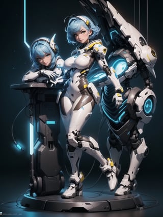 A woman, wearing mecha suit+robotic suit+cyber suit, white+parts in blue+yellow lights, costume very tight on the body, ((gigantic breasts, hood), blue hair, very short hair, hair with bangs in front of the eyes, is looking at the viewer, (((sensual pose with interaction and leaning on anything+object+leaning against))) in an alien dungeon, with futuristic machines, computers on the walls, control panels, teleportation with interdimensional portal, slimes, aliens with cybernetic armor, ((full body):1.5), 16K, UHD, maximum quality, maximum resolution, ultra-realistic, ultra-detailed, ((perfect_hands):1), Furtastic_Detailer, Goodhands-beta2, 