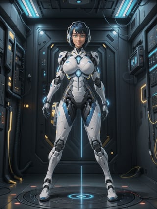 A woman, wearing mecha suit+robotic suit+cybernetizo suit, white+parts in blue+yellow lights, very tight costume on the body, ((gigantic breasts)), blue hair, very short hair, hair with bangs in front of the eyes, is looking at the viewer, ((((action pose with interaction and leaning on anything+object+leaning against)))) in an dungeon, with machines, computers on the walls, control panels, teleportation with interdimensional portal, slimes, aliens with cybernetic armor, ((full body):1.5), 16k, UHD, maximum quality, maximum resolution, ultra-realistic, ultra-detailed, ((perfect_hands):1) , Furtastic_Detailer, Goodhands-beta2,