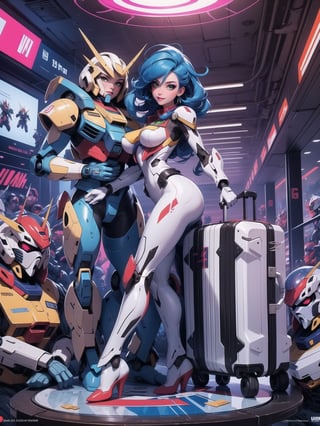 Solo woman, wearing mecha suit+cybernetic armor+gundam suit, all white with parts in blue, gigantic breasts, mohawk hair, blue hair, messy hair, looking directly at the viewer, she is, in an alien airport, with many machines, many aliens, many people transiting, glass table, chair, luggage carts, ((gundam, futuristic, ultra-technological, alien)), 16K, UHD, best possible quality, ultra detailed, best possible resolution, Unreal Engine 5, professional photography, she is, (((Sensual pose with interaction and leaning on anything+object+on something+leaning against))), better_hands, More detail, (((full body))),